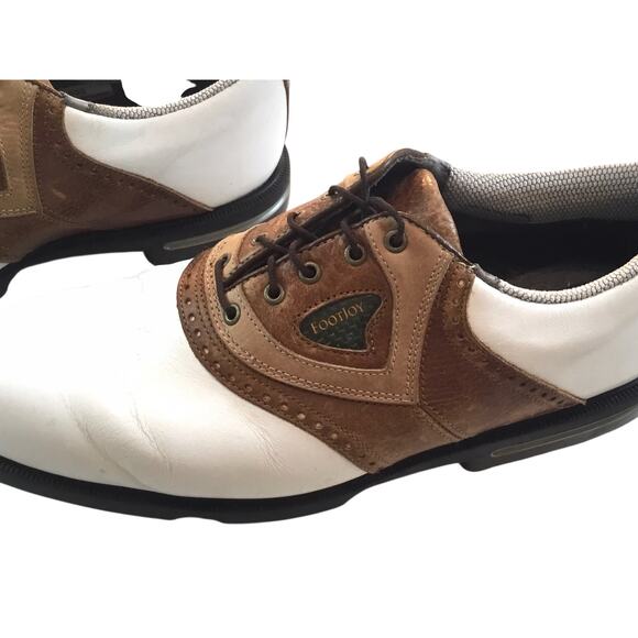 FootJoy DryJoys Men\'s Traditional Leather Golf Shoes White/Brown Spikes Size 10M